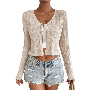 Womens Tie Front Sweater Cardigan Long Sleeve Rib Knit Shrug for Dress Sweaters Crop Tops Womens Soft Cardigan - 1 of 4