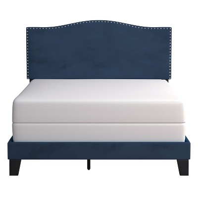 Queen Blue Velvet Upholstered Bed with Nailhead Trim