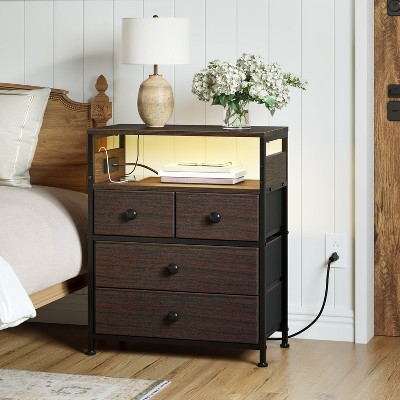 WOWLIVE Nightstand with 4 Drawers & Outlet, Bedside Table with LED Lights & 2-Tier wooden Shelf