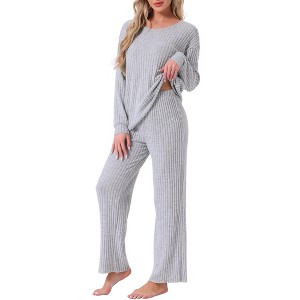 INSPIRE CHIC Womens Ribbed Knit Fuzzy Pajamas Long Sleeve Top and Pants Outfits Lounge Sets - 1 of 4