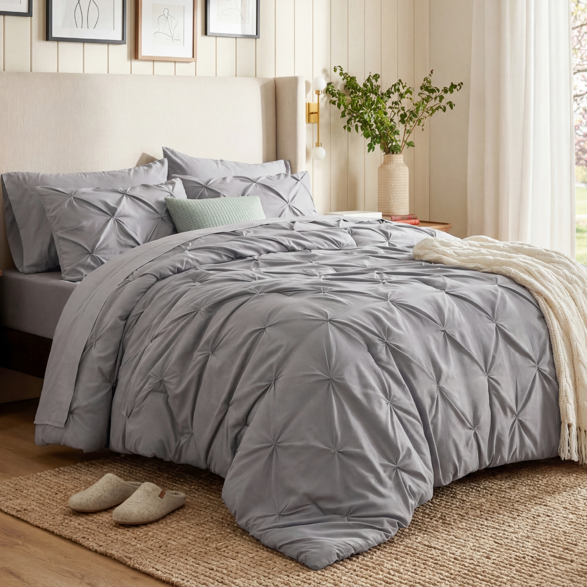 Full Size Bedsure Bed in a Bag Comforter Set with Sheets, 7pcs Solid Diamond Pintuck All-Season Bedding, Soft Grey Pinch Pleat Full Bedding Set, Gift for Family