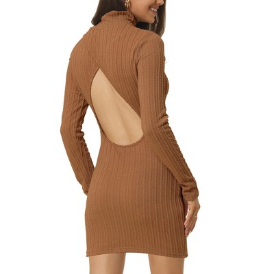 Seta T Women's Fall Winter Mock Neck Cut Out Back Long Sleeve Cable Knit Bodycon Mini Dress