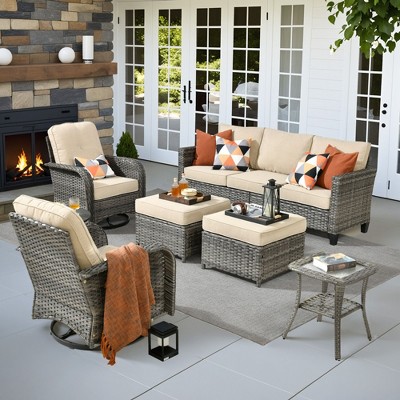 XIZZI Outdoor Rattan Sectional Sofa Set, Modular Patio Lounge Set w/ Swivel Chairs, Side Table & Optional 3-Seat Sofa/Ottomans/Firepit/Coffee Table