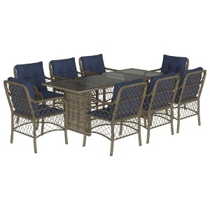 vidaXL 9-Piece Patio Dining Set - Gray Poly Rattan with Navy Cushions, Tempered Glass Table and Powder-Coated Steel Frame for Garden and Outdoor - 1 of 4