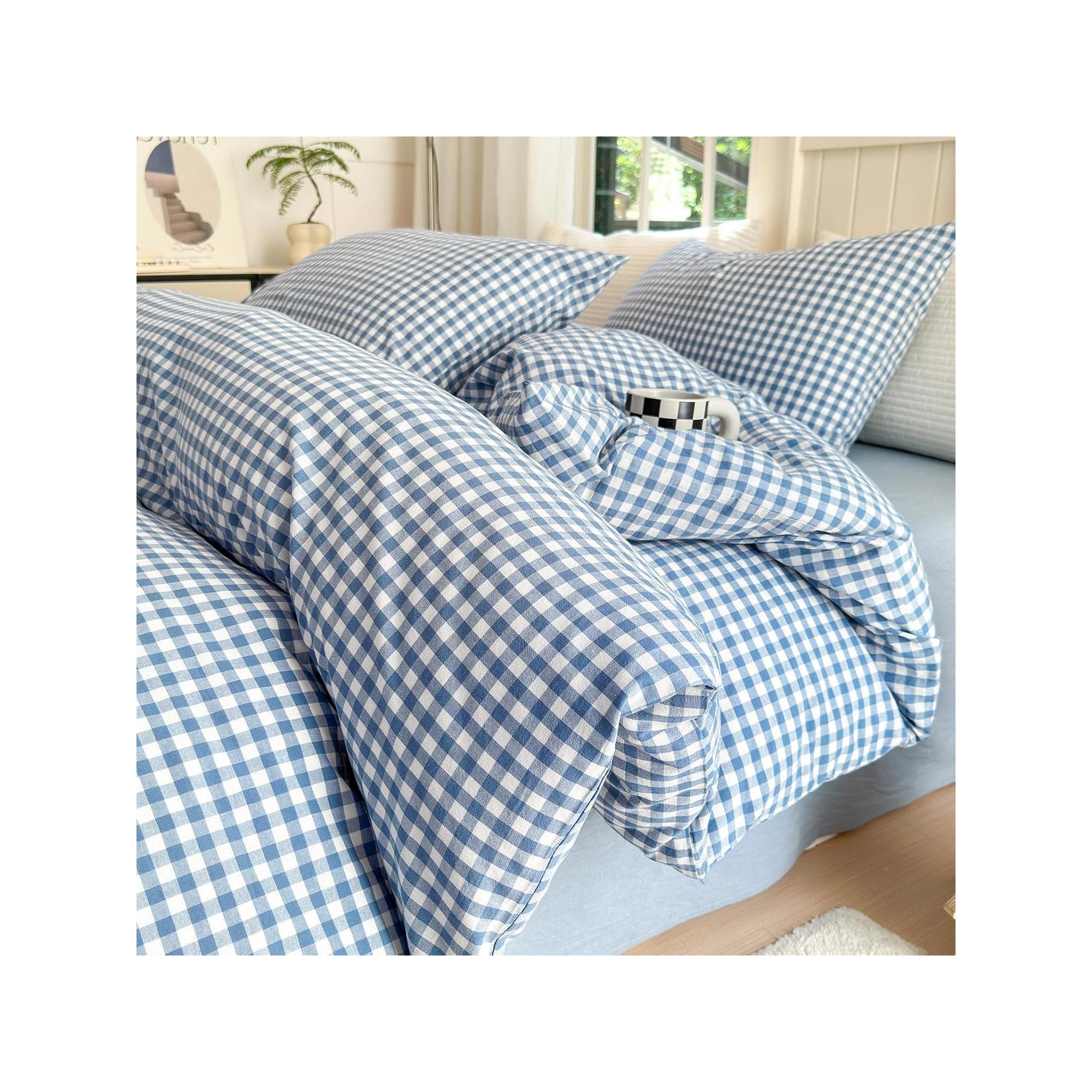BALHAM TRADE-Blue Gingham Comforter Set Queen 3 Pieces, Soft Fluffy Grid Checkered Bedding Set A1#05 Blue Gingham- Queen 90"x90"
