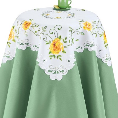 Square White and Yellow Embroidered Fabric Table Topper