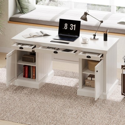67" Computer Desk, Home Office Desk With 2 Storage Cabinets And 3 Drawers, Rectangular Writing Table With Back Panel