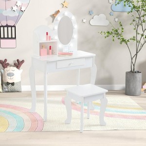 Kids Vanity Girls Princess Makeup Desk Set with Mirror, Stool, Drawer & Pretend Play Cosmetics, Wooden Dressing Table Toy for Toddlers - 1 of 4