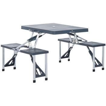 Outsunny Portable Foldable Camping Picnic Table Set with Four Chairs and Umbrella Hole, 4-Seats Aluminum Fold Up Travel Picnic Table