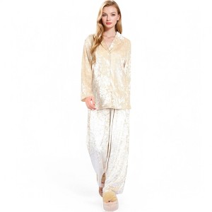Anna-Kaci Lounge Women's Crushed Velvet Lounge Set with Button-Up Long Sleeve Top and Wide-Leg Pants- Beige,Small - 1 of 4