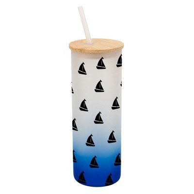 Elanze Designs Nautical Sailboat Ocean Sea Life Wrap-Around Design 25 Ounce Frosted Gradient Glass On-The-Go Coffee Travel Skinny Tumbler Mug Cup,