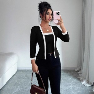 Women's Contrast Trim Two-Piece Set Long Sleeve Cropped Cardigan with Tank Top - 1 of 4