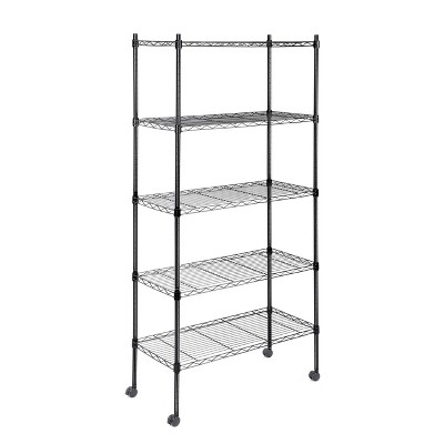 Vynxaria Black 5-Tier Utility Storage Shelves, Adjustable Wire Rack with Wheels, 24" D x 14" W x 59" H