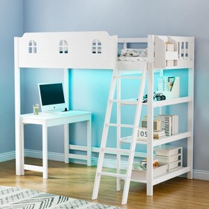 JOYMOR Loft Bed Twin Size with Led Light, Loft Bed with Desk and Shelve, Modern Farmhouse Design Castle Guardrail - 1 of 4