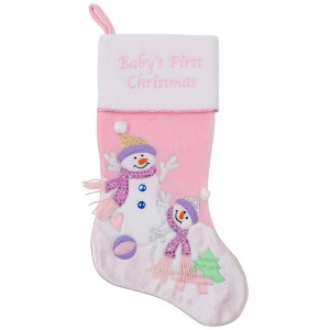 Northlight 21" Light Pink Baby's First Christmas Velveteen Snowmen Christmas Stocking - 1 of 4