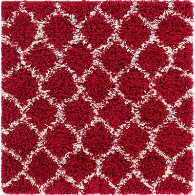 Burgundy Red Square Trellis Shag Synthetic Area Rug