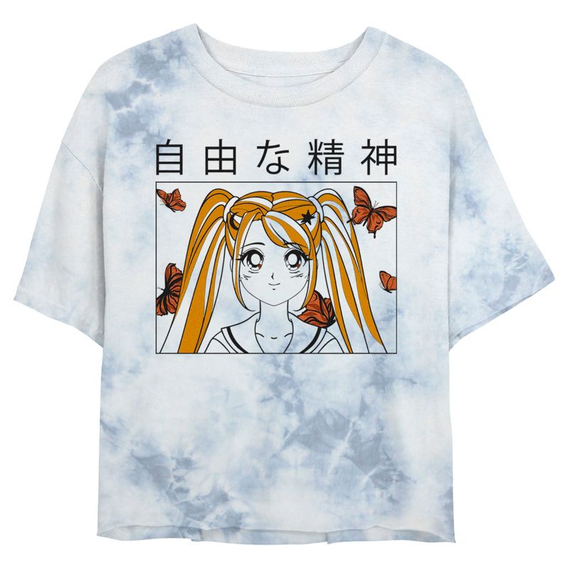 Juniors Womens Lost Gods Butterfly Anime School Girl T-Shirt, 1 of 5