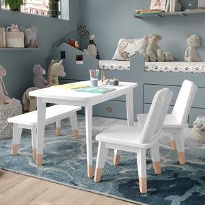 Buzz & Bloom Kids 4-Piece Wood Table, 2 Chairs, and Bench Seating Set with Rounded Corners - 1 of 4