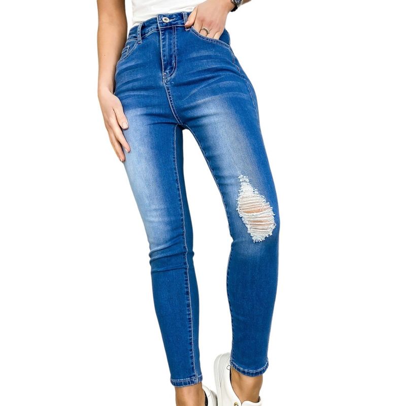 Anna-Kaci Women's High Waisted Denim Skinny Jeans Stretch Distressed Ripped Knee Pants, 1 of 6