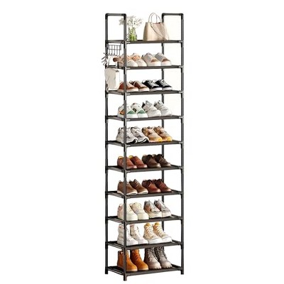 Simple Trending Shoe Rack for Closet, 10 Tiers Narrow Shoe Shelf Holds 20 Pairs, Shoe Organizer Storage with Hooks, Black