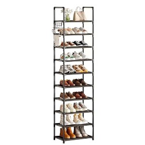 Simple Trending Shoe Rack for Closet, 10 Tiers Narrow Shoe Shelf Holds 20 Pairs, Shoe Organizer Storage with Hooks, Black - 1 of 4