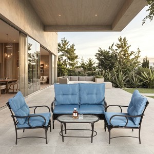 4pcs Outdoor Seating Group Furniture Sets, Patio Wicker Conversation Chat Set With Removable Cushions -ModernLuxe - 1 of 4