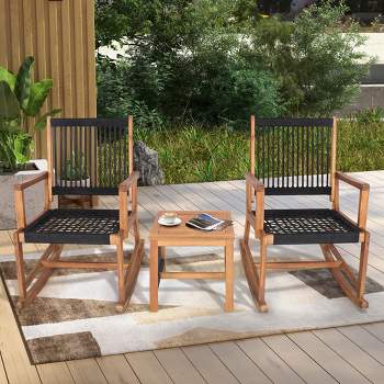 Costway 3pcs Patio Acacia Wood Bistro Table Rocking Chair Set All-Weather Rope Outdoor