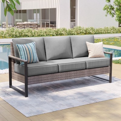 Sonkuki Outdoor Wicker Patio 3-Seat Sofa, PE Rattan Conversation Set With All-Weather Cushions