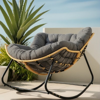 1pc Outdoor Rocking Lounge Chair, Rattan Wicker with Cotton Cushions, Ergonomic Round Shape for Indoor & Patio Use - Coolbibila