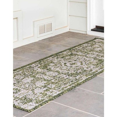 Green and Ivory Flat Woven Outdoor Runner Rug