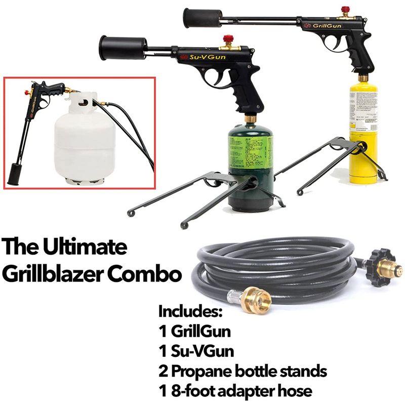 GrillBlazer GrillGun and Su-VGun Handheld Grill and Blowtorch Charcoal Fire Starter Combo Set with 2 Vertical Propane Bottle Stands and 8 Foot Hose, 2 of 7