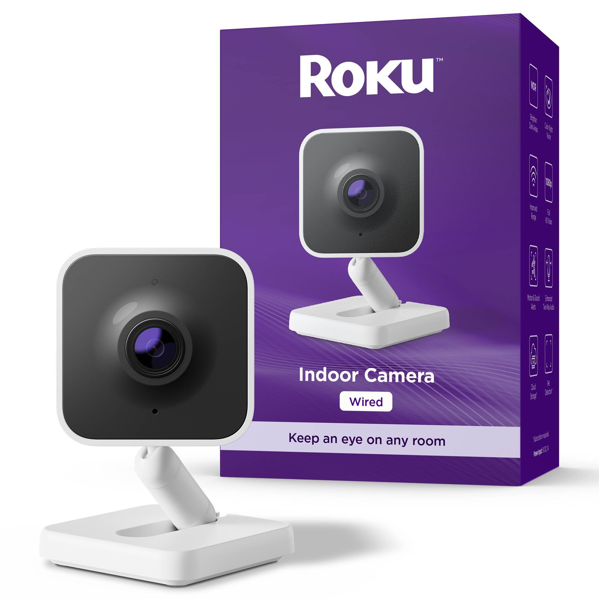 Roku Indoor Camera - Home Security - Wired Security Camera with 1080p HD Color Night Vision, WDR & Wi-Fi 6