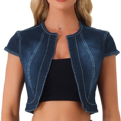 INSPIRE CHIC Women's Cap Sleeve Slim Fit Summer Open Front Crop Denim Jacket