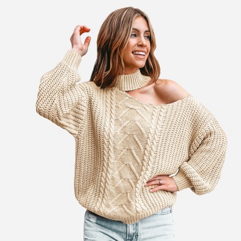 Women s Cable Knit Cutout Mock Neck Sweater Cupshe m beige Target