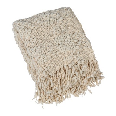 Storied Home Soft Woven Cotton Blend Cable Knit Throw Blanket with Fringe, Natural