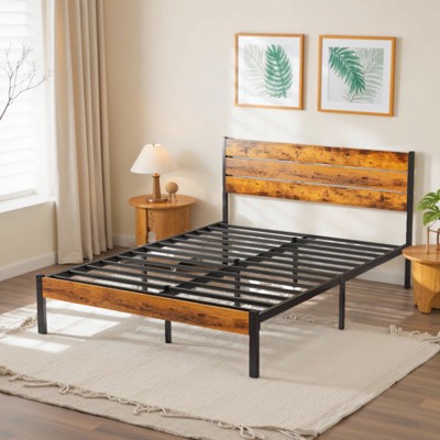 INFURNIC Beds Metal Platform Bed Frame, Bedstead Mattress Foundation With Headboard And And Footboard, Queen Size, Brown, 82.3"*60.5"*39.3"