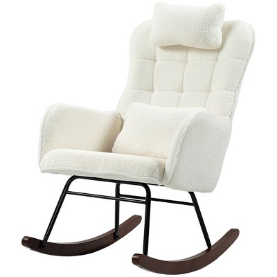 Aghana Digitals Cream White Teddy Fleece Nursery Rocking Chair with High Back, Headrest & Lumbar