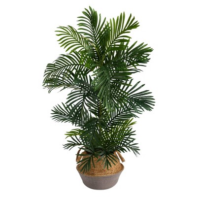 Nearly Natural 4-ft Areca Palm Tree in Boho Chic Handmade Cotton & Jute Gray Woven Planter UV Resistant