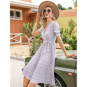 Coolmee Women's Dress Floral Wrap V Neck Pleated Dress Short Lantern Sleeve Flowy A Line Midi Dress with Belted - 1 of 4