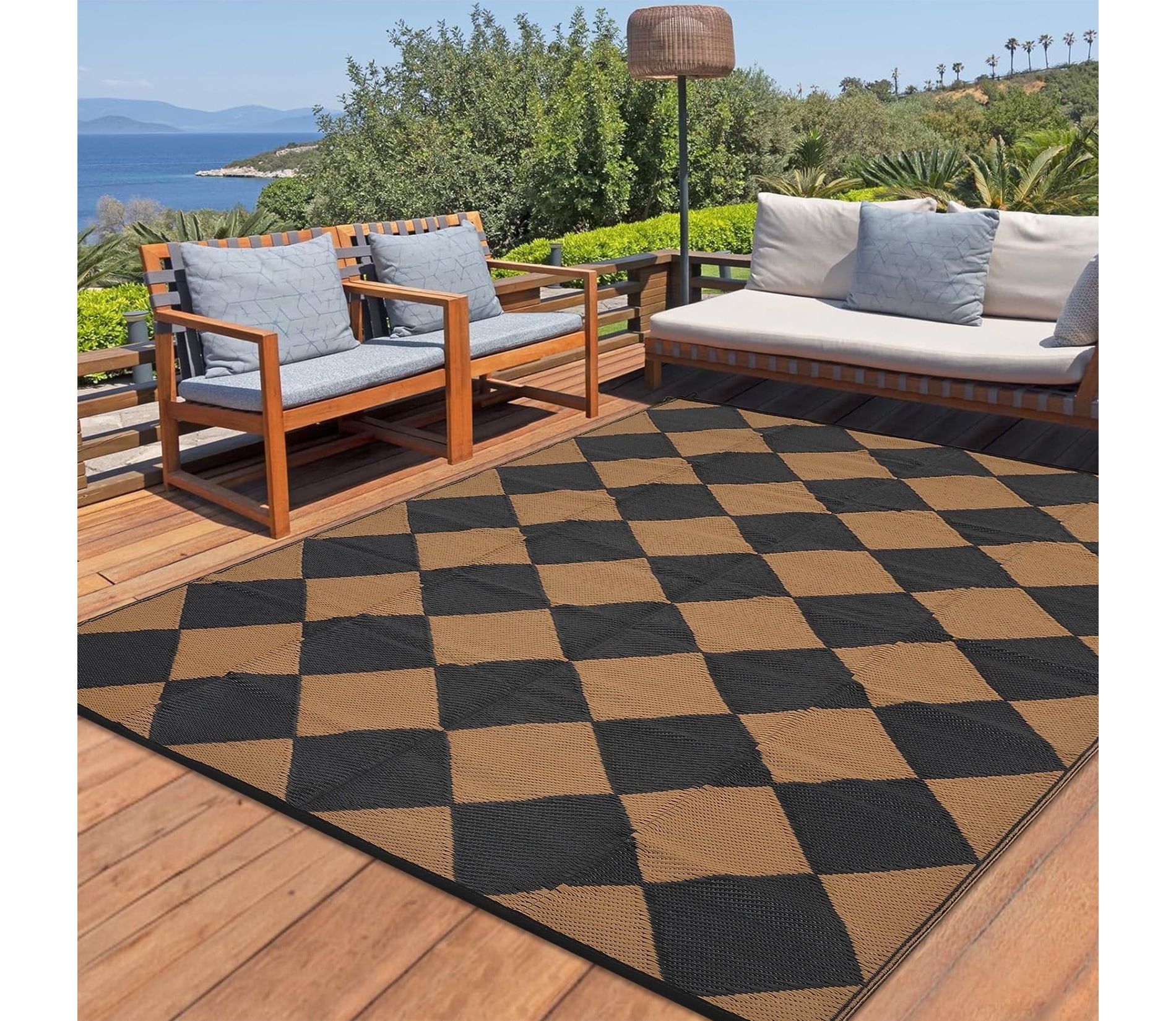 Outdoor Rug 9'x12' Waterproof Patio Rug, Reversible Lightweight Plastic Carpet for Deck Balcony Porch Decor