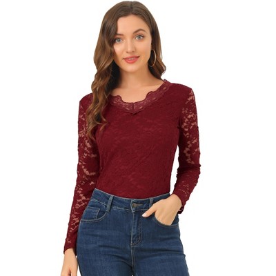 Allegra K Women's Slim Fit Floral Embroidery Sheer Full-Lining Long Sleeves  Lace Blouse Burgundy X-Large