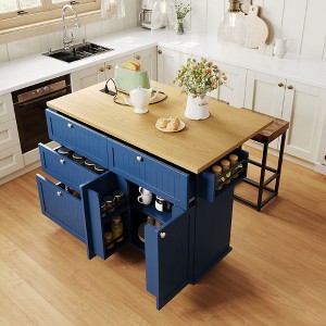 Whisen Farmhouse Kitchen Island on Wheels, Kitchen Cart Set with 2 Seatings and Storage Cabinet, Drawers - 1 of 4