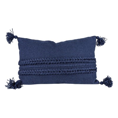 14" x 22" Navy Braided Stripes Hand Woven Premium Outdoor Patio Accent Throw Pillow w/ Tassels