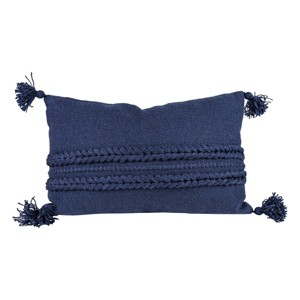 14" x 22" Navy Braided Stripes Hand Woven Premium Outdoor Patio Accent Throw Pillow w/ Tassels - 1 of 4