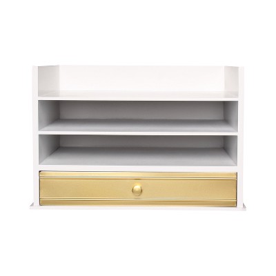 White and Gold Wood Letter Tray with Drawer