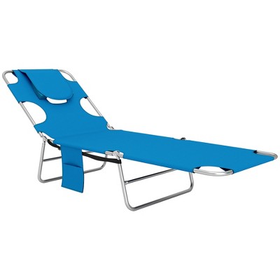 Outsunny Folding Beach Lounge Chair with Face Hole and Arm Slots, 5-level Adjustable Sun Lounger Tanning Chair with Pillow