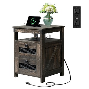 Nightstand with Charging Station, 2-Drawer End Table for Bedroom and Living Room, Farmhouse Side Table with USB Ports and Outlets, Dark Rustic Oak - 1 of 4