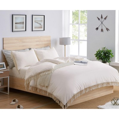 Ivory Cotton Fringe Full/Queen Duvet Cover Set