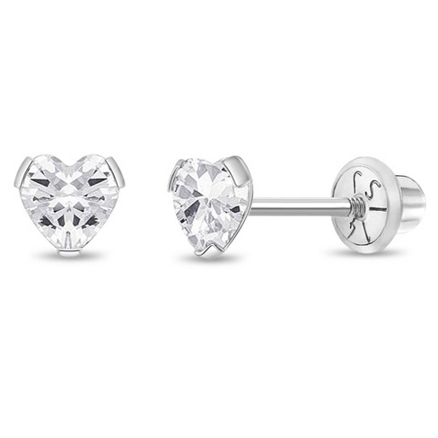 Tiny 14K Yellow Gold Heart Stud Earrings in Cubic Zirconia CZ Birth Month with Secure Screw Backs