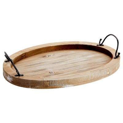 Rustic Oval Wooden Serving Tray with Black Handles